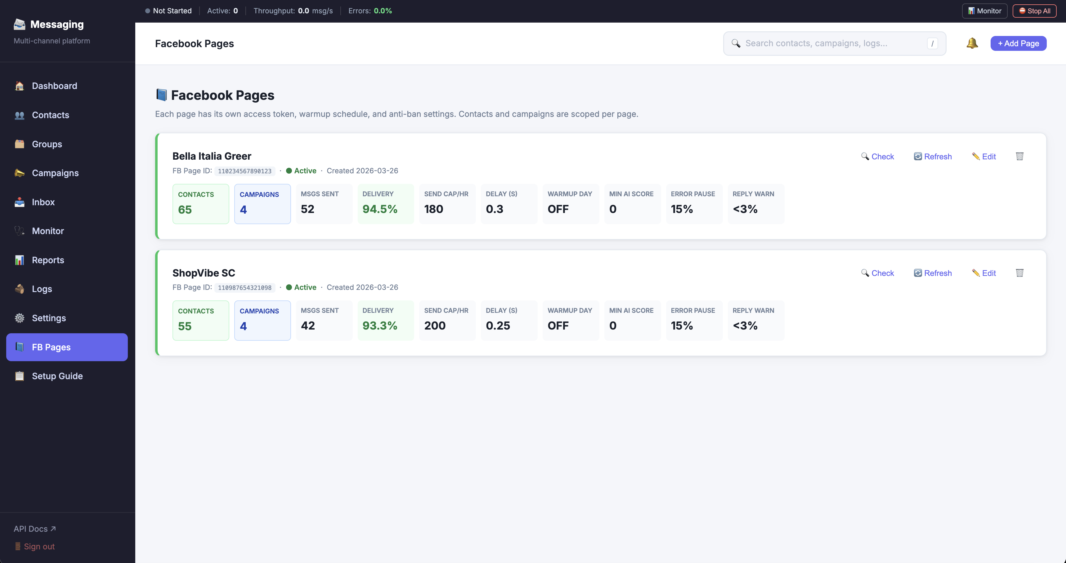 ThreadPilot Facebook Pages screen